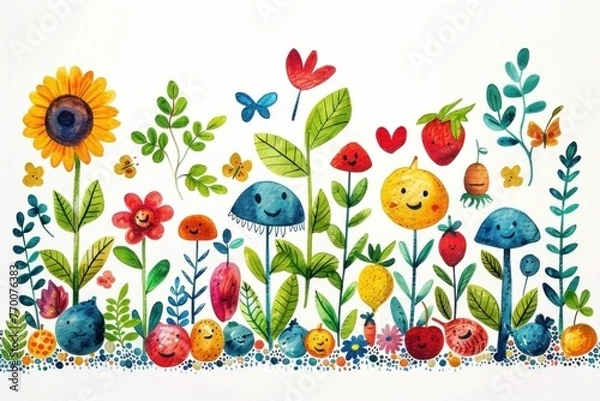 Fototapeta Enchanting Garden Scene with Colorful Characters and Playful Nature Elements