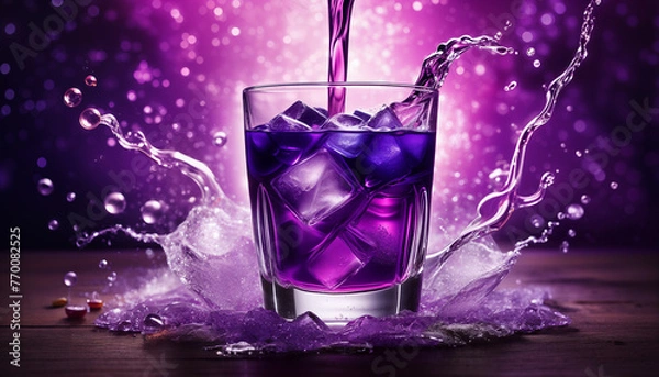 Fototapeta Bright purple cold cocktail with ice in a transparent glass and splashes on the background of futuristic mystical esoteric blur elements. Side view