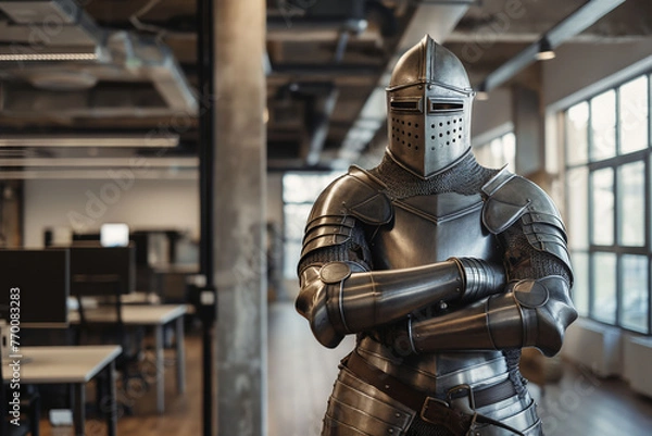 Obraz A medieval knight in shining armor stands guard, an anachronism within the contemporary office setting behind