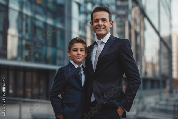 Obraz Confident father and son dressed in formal suits stand together against a backdrop of modern city architecture