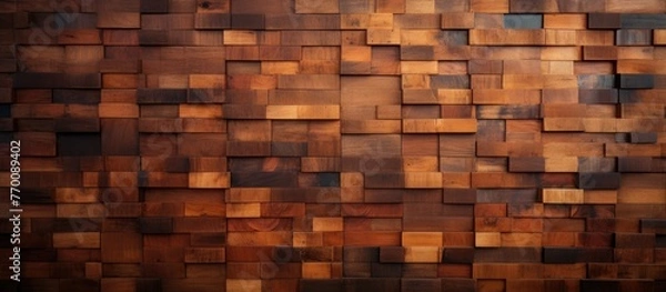 Obraz A detailed closeup of a brown hardwood wall consisting of rectangular wooden squares. The intricate pattern resembles brickwork with a wood stain finish