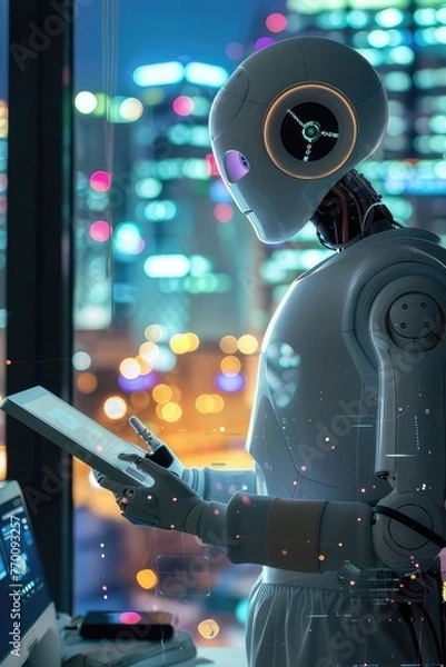 Fototapeta robot doctor in a hospital room with a tablet in his hands against the background of a window with multi-colored city lights. The concept of future technologies.