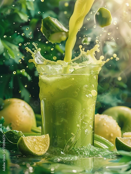 Fototapeta A vibrant, fun image of a green juice, emphasizing its fresh and lively essence.