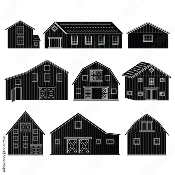 Obraz Big set of monochrome black white red wooden barns with windows, doors. Isolated vector houses icons on the white background