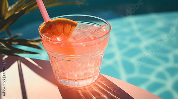 Fototapeta an orange drink on the bank near a pool