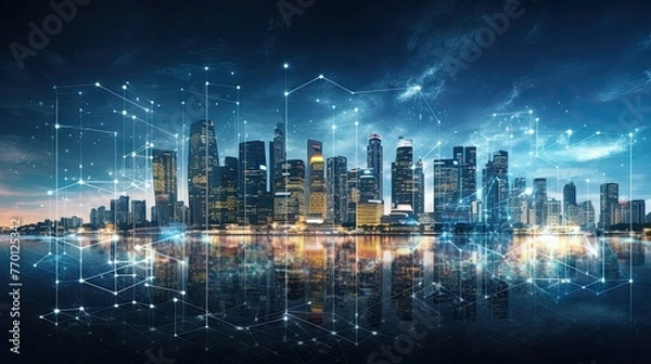 Fototapeta Big city skyscraper downtown panoramic view. Modern digital interface with line connection with cubes in the foreground.