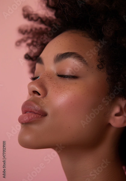 Fototapeta Portrait of a beautiful African woman on a pink background with a healthy skin with freckles