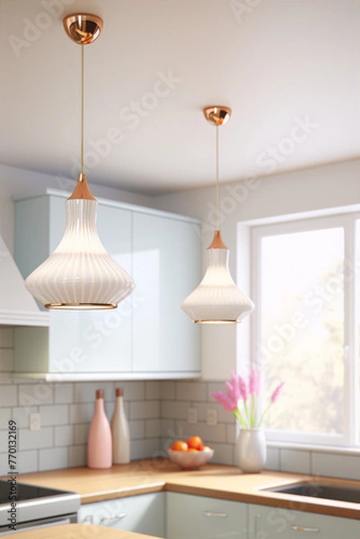 Fototapeta Two frosted glass pendant lights hang from the ceiling in a modern kitchen with white and blue cabinets and stainless steel appliances.