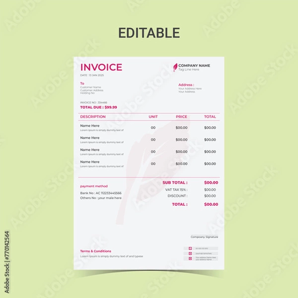 Fototapeta Company business clean modern and Minimal professional creative invoice Vector design template