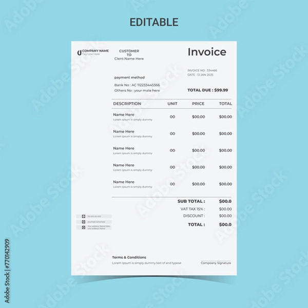 Obraz Company business clean modern and Minimal professional creative invoice Vector design template