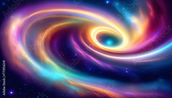 Fototapeta A colorful, abstract digital painting of a cosmic wave with stars and a galaxy in the background