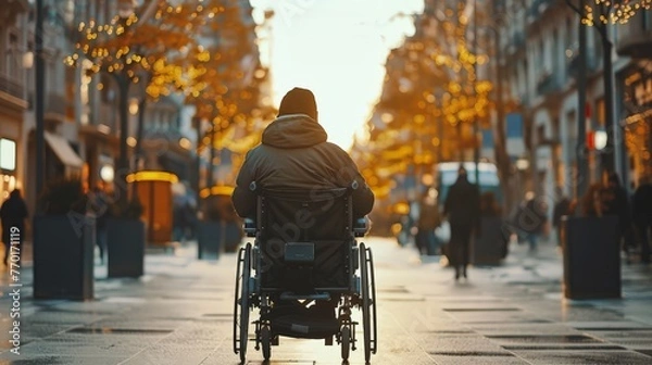 Fototapeta A man in a wheelchair is sitting on a sidewalk in a city