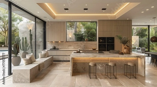 Fototapeta Modern Kitchen Interior with Island and Cactus Decoration