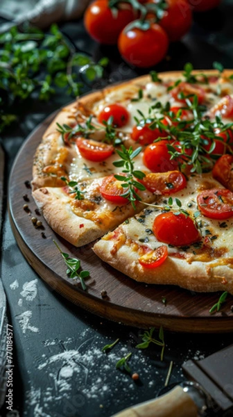 Fototapeta Delicious cherry tomato and cheese pizza - Mouth-watering pizza with cherry tomatoes, melted cheese and fresh herbs on a wooden table