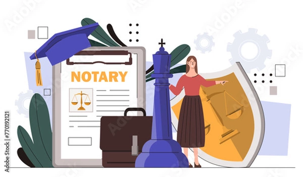 Fototapeta Notary service online concept. Woman with shield with scales and briefcase. Legal support of deals, lawyer with jurisprudence. Cartoon flat vector illustration isolated on white background