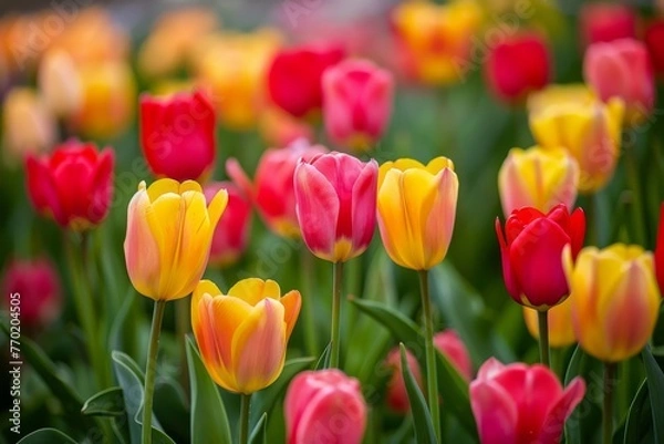 Fototapeta Colorful tulips in sunlight with blurred background, vibrant spring flowers