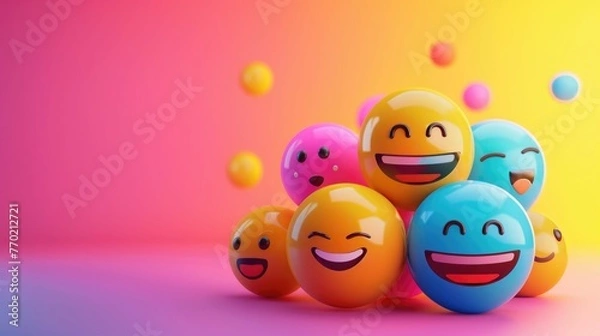 Fototapeta Playful digital featuring a group of 3D emoji smiley faces with various expressions of happiness and joy Set against a colorful rainbow gradient background,the smiley faces are arranged