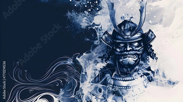 Obraz Monochrome Samurai Art in Blue Tones Wallpaper Background