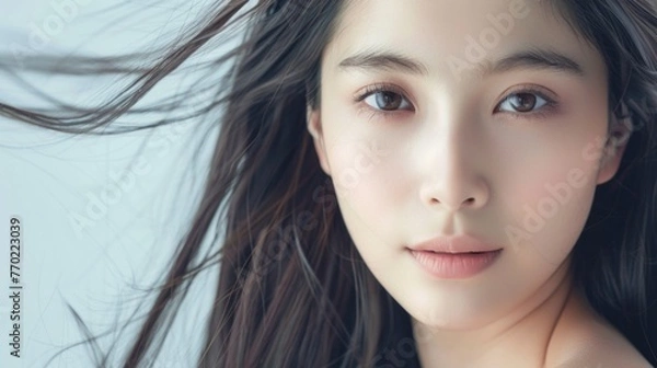 Fototapeta Close-up portrait of a young Asian chinese woman with wind-blown hair and a serene expression against a light background