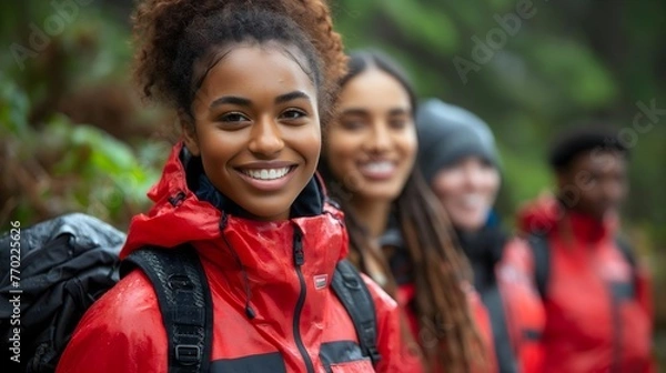 Fototapeta a group of participants engaged in a company incentive program. All participants are dressed in similar jackets, smiling, ready for mountain trip