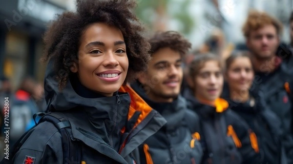 Fototapeta a group of participants engaged in a company incentive program. All participants are dressed in similar jackets, smiling, ready for mountain trip