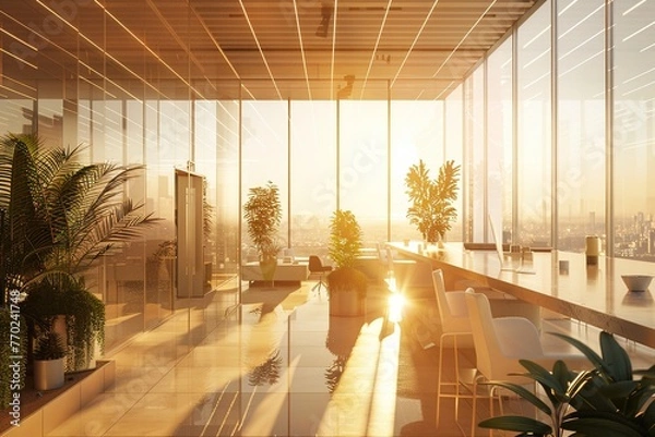 Obraz Interior of Modern Office Building. Beautiful office workplace with panoramic windows and soft light. Generative AI	