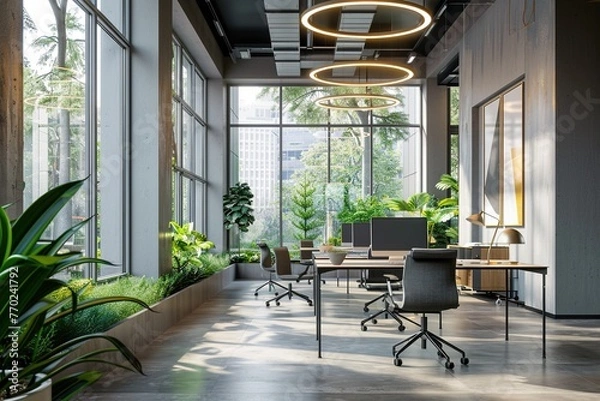 Obraz Interior of Modern Office Building. Beautiful office workplace with panoramic windows and soft light. Generative AI	
