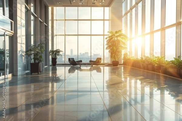 Obraz Interior of Modern Office Building. Beautiful office workplace with panoramic windows and soft light. Generative AI	