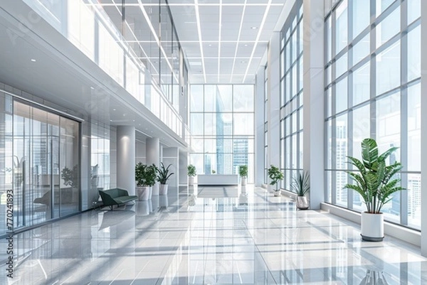 Obraz Interior of Modern Office Building. Beautiful office workplace with panoramic windows and soft light. Generative AI	