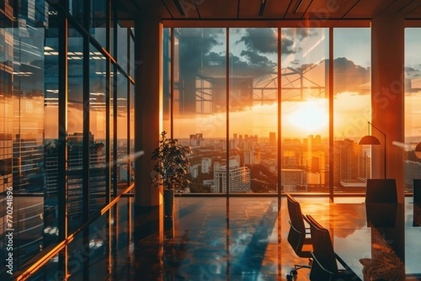 Obraz Interior of Modern Office Building. Beautiful office workplace with panoramic windows and soft light. Generative AI	