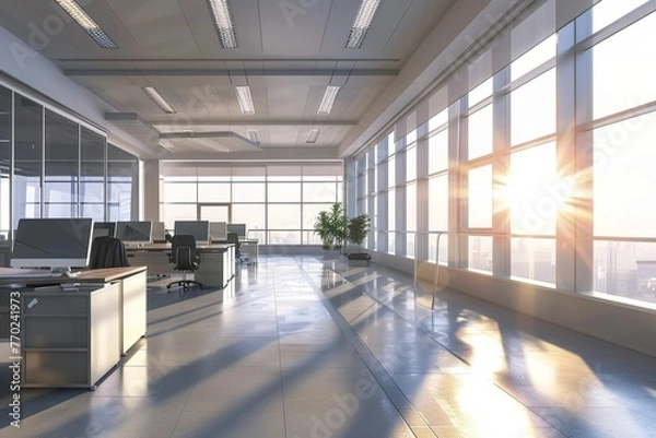 Obraz Interior of Modern Office Building. Beautiful office workplace with panoramic windows and soft light. Generative AI	