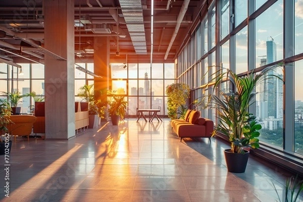 Obraz Interior of Modern Office Building. Beautiful office workplace with panoramic windows and soft light. Generative AI	