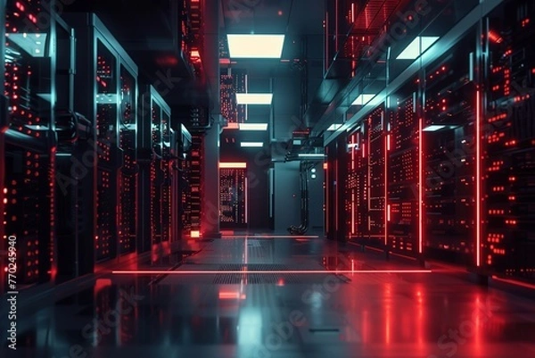 Fototapeta Modern Data Technology Center with Server Racks in Dark Room Illuminated by Neon Lights – High-Tech Infrastructure for Cloud Computing, Networking, and IT Security. Generative AI