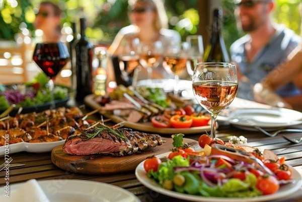 Fototapeta Elegant Table Setting with Gourmet Food and Wine, Soft Sunset Lighting, and Shallow Depth of Field – Warm Ambiance for Celebration, Luxury Dining, and Social Gathering. Generative AI