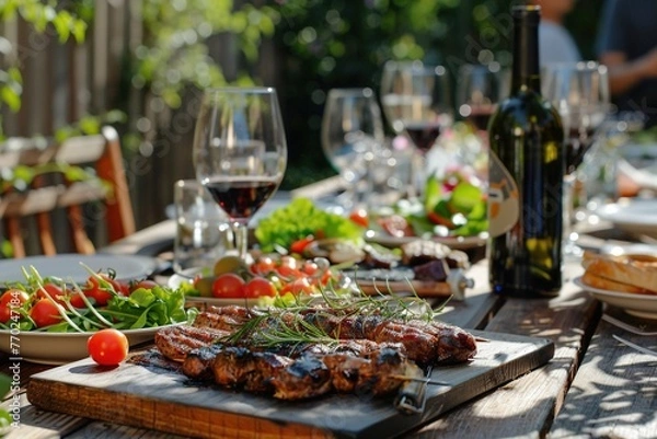 Fototapeta Elegant Table Setting with Gourmet Food and Wine, Soft Sunset Lighting, and Shallow Depth of Field – Warm Ambiance for Celebration, Luxury Dining, and Social Gathering. Generative AI