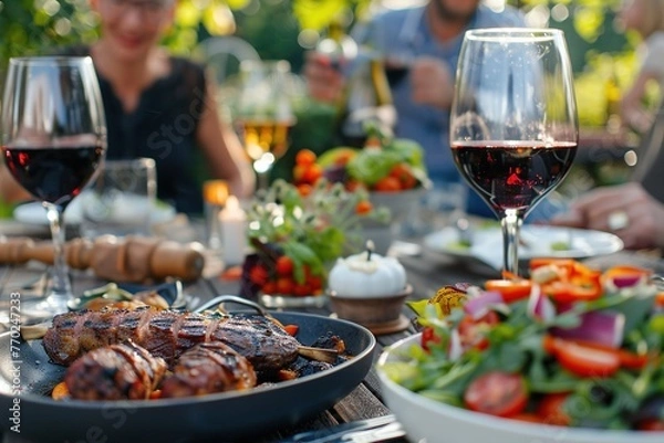 Fototapeta Elegant Table Setting with Gourmet Food and Wine, Soft Sunset Lighting, and Shallow Depth of Field – Warm Ambiance for Celebration, Luxury Dining, and Social Gathering. Generative AI