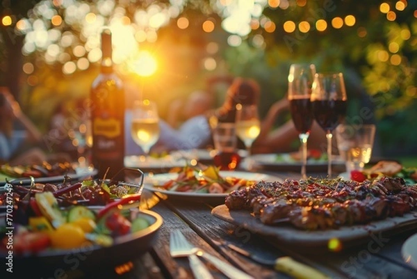 Fototapeta Elegant Table Setting with Gourmet Food and Wine, Soft Sunset Lighting, and Shallow Depth of Field – Warm Ambiance for Celebration, Luxury Dining, and Social Gathering. Generative AI