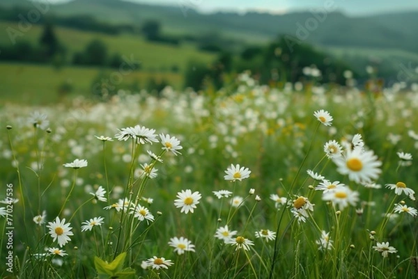 Obraz Beautiful daisy field in a lush green mountain landscape. with soft blur and light. Generative AI