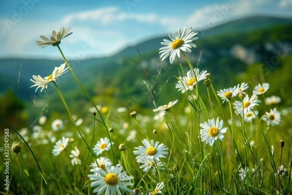 Obraz Beautiful daisy field in a lush green mountain landscape. with soft blur and light. Generative AI