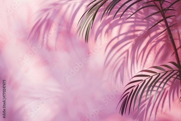 Fototapeta Tropical Green Palm Leaves Casting Shadows on Pink Background – Minimalist Summer Concept for Beauty, Wellness, and Modern Design. Generative AI