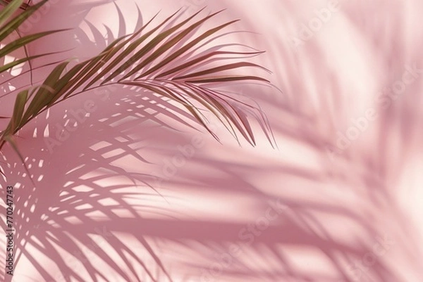 Fototapeta Tropical Green Palm Leaves Casting Shadows on Pink Background – Minimalist Summer Concept for Beauty, Wellness, and Modern Design. Generative AI