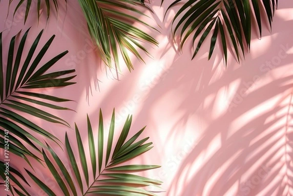 Fototapeta Tropical Green Palm Leaves Casting Shadows on Pink Background – Minimalist Summer Concept for Beauty, Wellness, and Modern Design. Generative AI