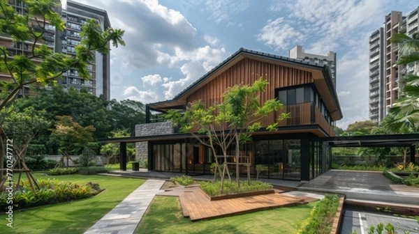 Fototapeta A rustic farmhouse stands a sleek contemporary apartment buildings providing a visual representation of the clash between the simple life and rapid urbanization.