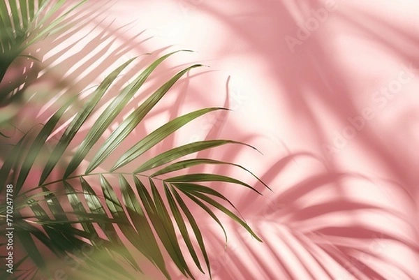 Fototapeta Tropical Green Palm Leaves Casting Shadows on Pink Background – Minimalist Summer Concept for Beauty, Wellness, and Modern Design. Generative AI