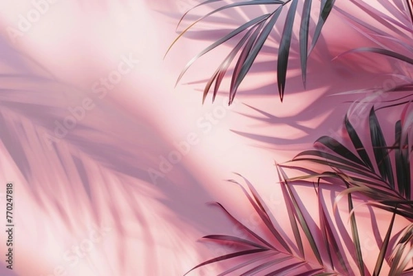 Fototapeta Tropical Green Palm Leaves Casting Shadows on Pink Background – Minimalist Summer Concept for Beauty, Wellness, and Modern Design. Generative AI