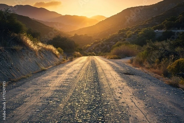 Fototapeta Scenic Road Leading into Sunset with Mountain Range in Background – Dramatic Landscape Photography Symbolizing Journey, Freedom, and Adventure. Generative AI