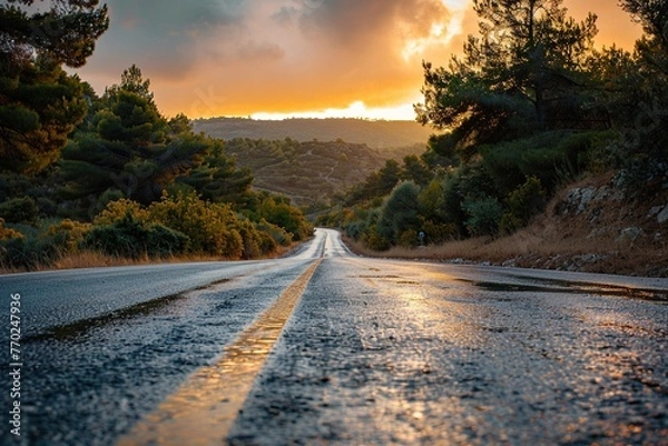 Fototapeta Scenic Road Leading into Sunset with Mountain Range in Background – Dramatic Landscape Photography Symbolizing Journey, Freedom, and Adventure. Generative AI