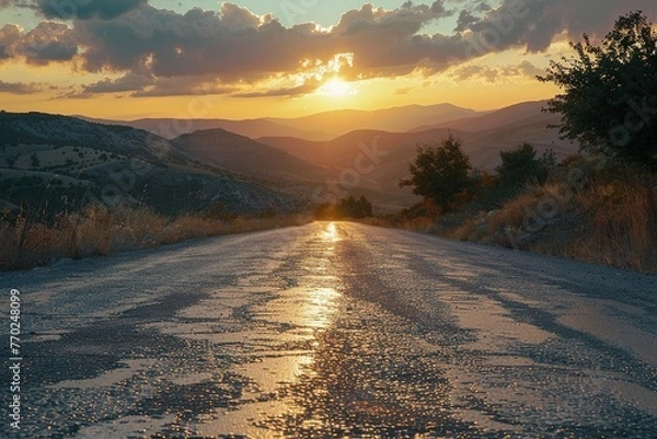 Fototapeta Scenic Road Leading into Sunset with Mountain Range in Background – Dramatic Landscape Photography Symbolizing Journey, Freedom, and Adventure. Generative AI