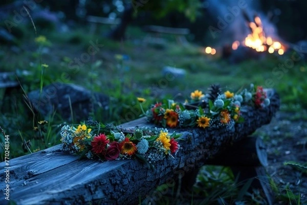 Obraz Midsummer night celebration. Wooden log with flower crown and fire in lush green rural landscape.. Generative AI