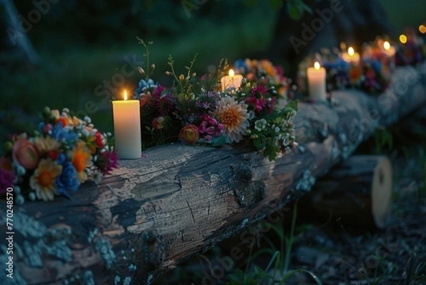 Fototapeta Midsummer night celebration. Wooden log with flower crown and fire in lush green rural landscape.. Generative AI